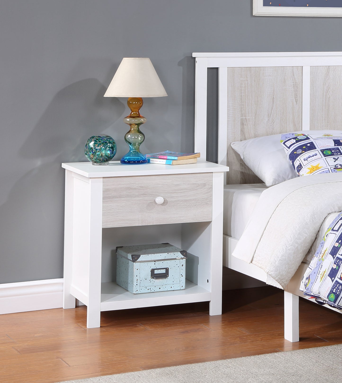 24" White and Gray One Drawer Nightstand