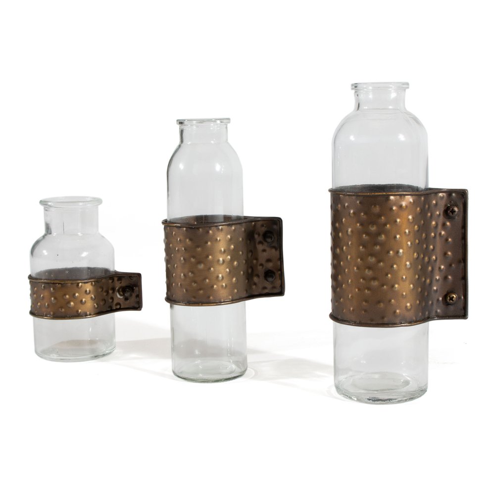 Set of Three Clear and Bronze Hammered Cylinder Metal and Glass Table Vase HomeRoots