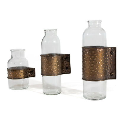 Set of Three Clear and Bronze Hammered Cylinder Metal and Glass Table Vase HomeRoots