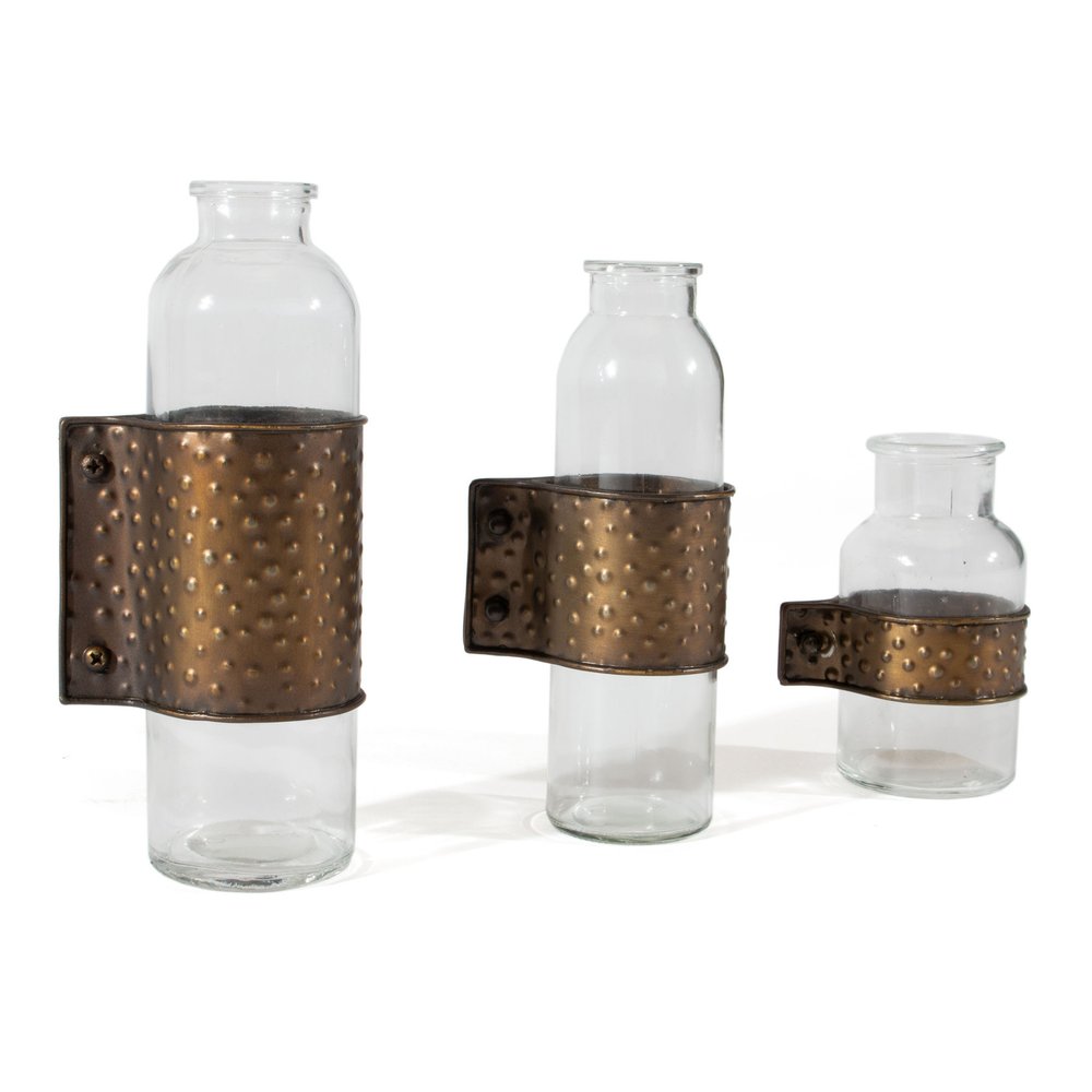Set of Three Clear and Bronze Hammered Cylinder Metal and Glass Table Vase HomeRoots