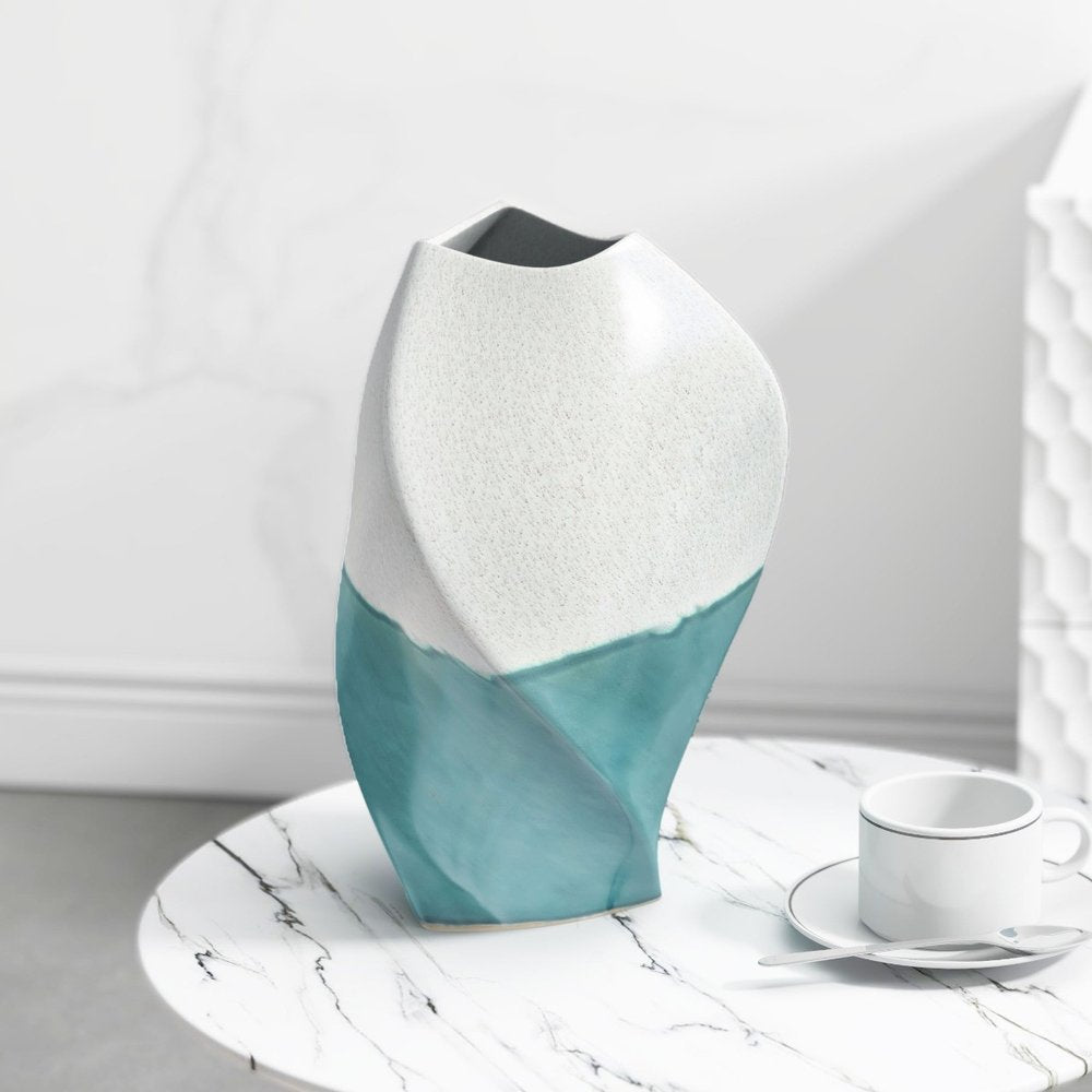 12" Green and Ivory Ombre Wavy Ceramic Table Vase HomeRoots