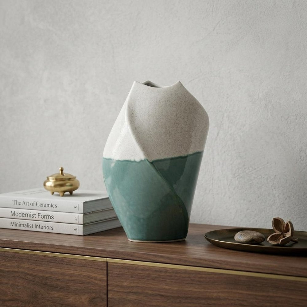 12" Green and Ivory Ombre Wavy Ceramic Table Vase HomeRoots