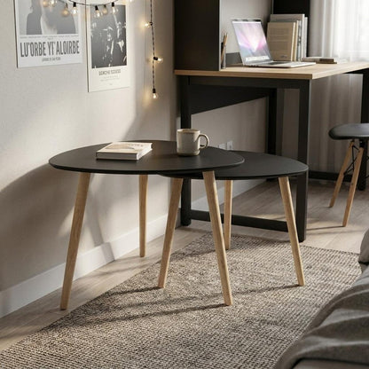 Set of Two Black and Natural Wood Triangular End Tables HomeRoots