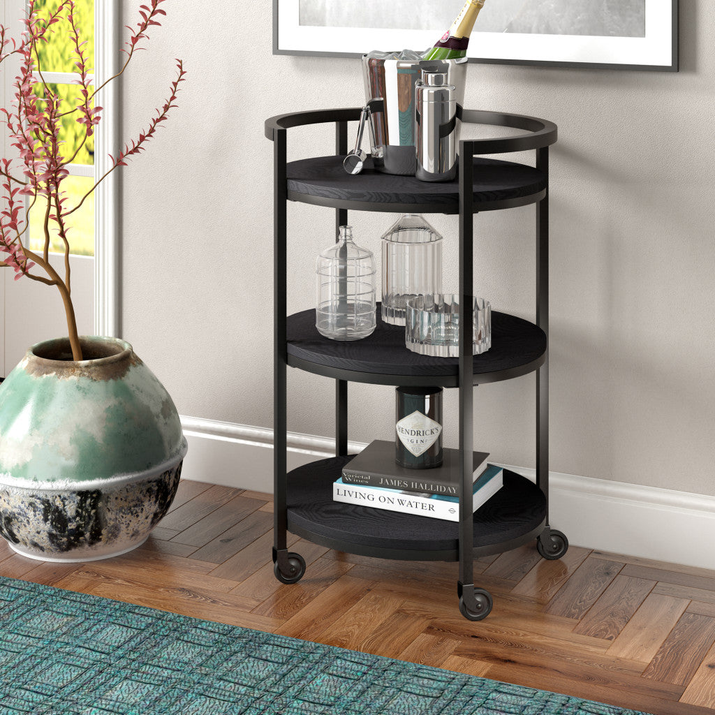 Black Steel Round Rolling Bar Cart