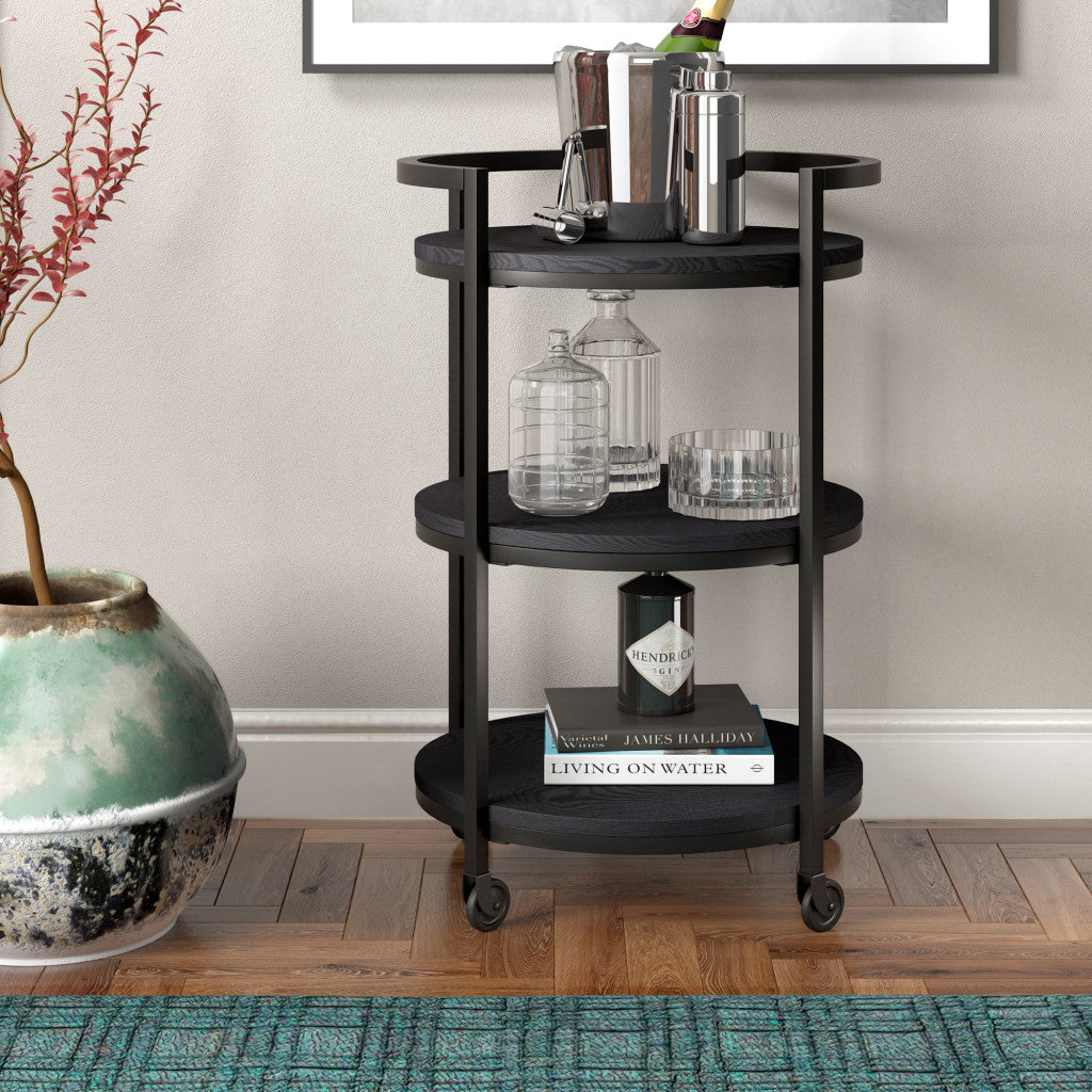 Black Steel Round Rolling Bar Cart