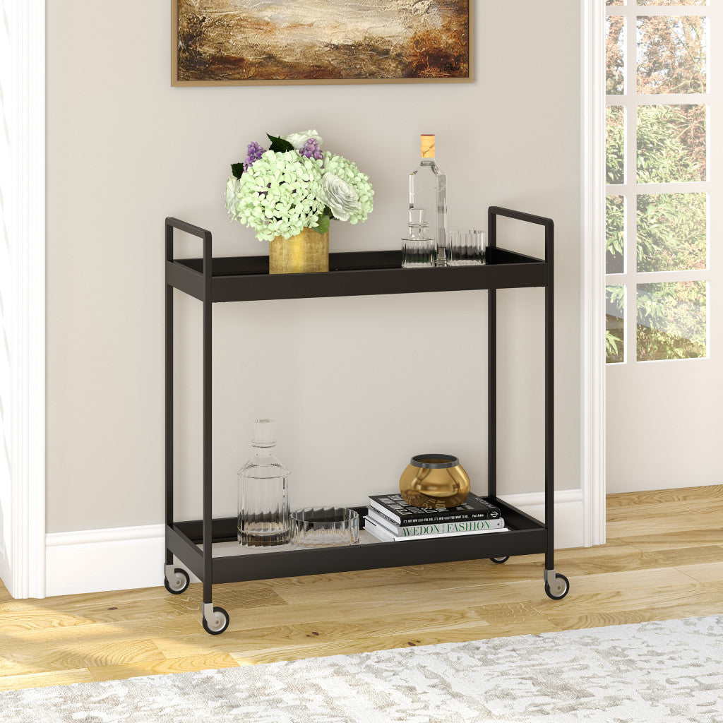 Black Steel And Glass Rolling Bar Cart