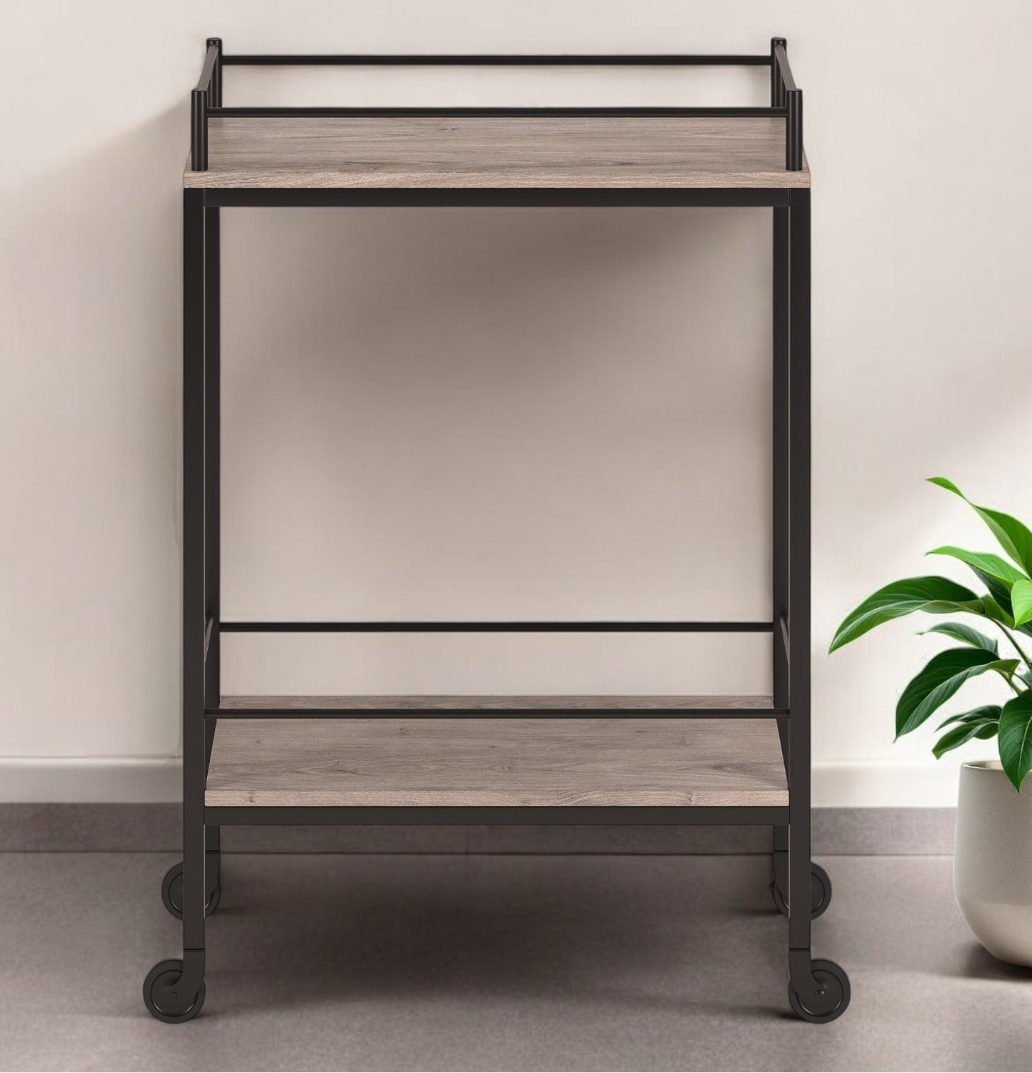 Gray and Black Steel Rolling Bar Cart