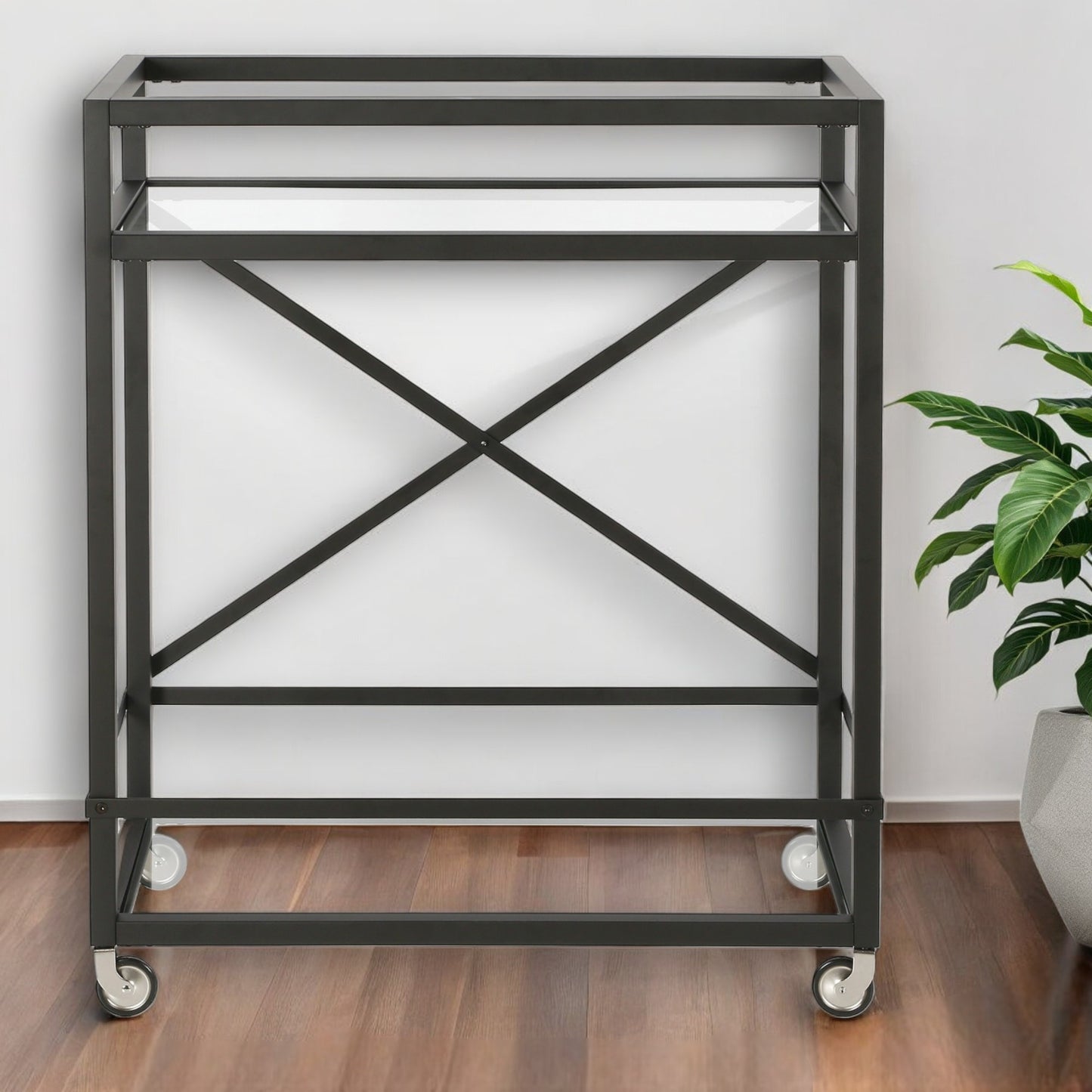 Black Steel And Glass Rolling Bar Cart