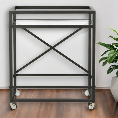 Black Steel And Glass Rolling Bar Cart