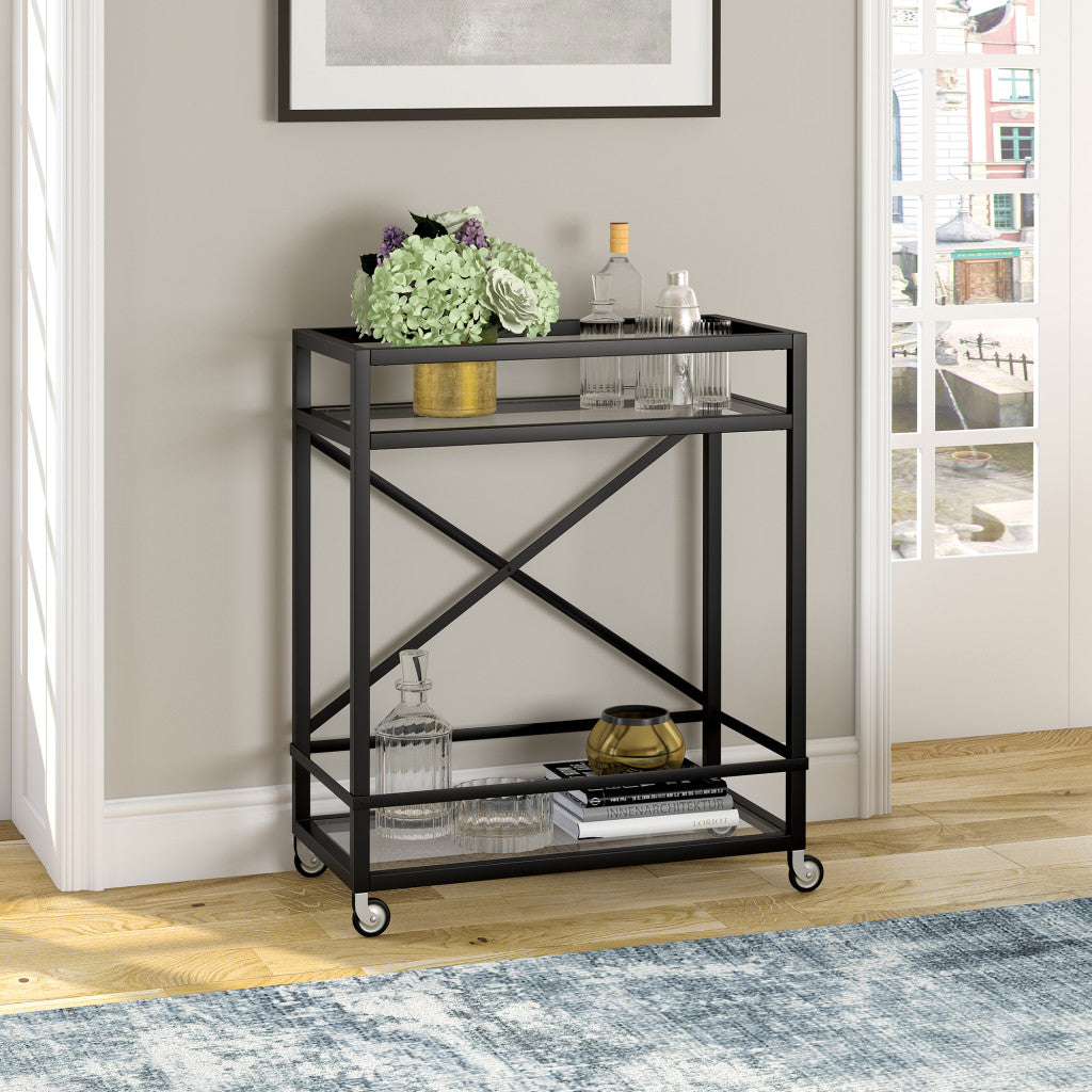 Black Steel And Glass Rolling Bar Cart