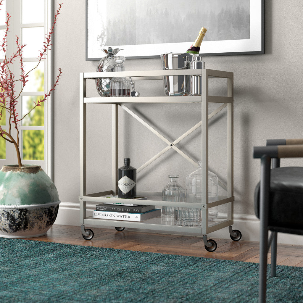 Nickel Steel And Glass Rolling Bar Cart