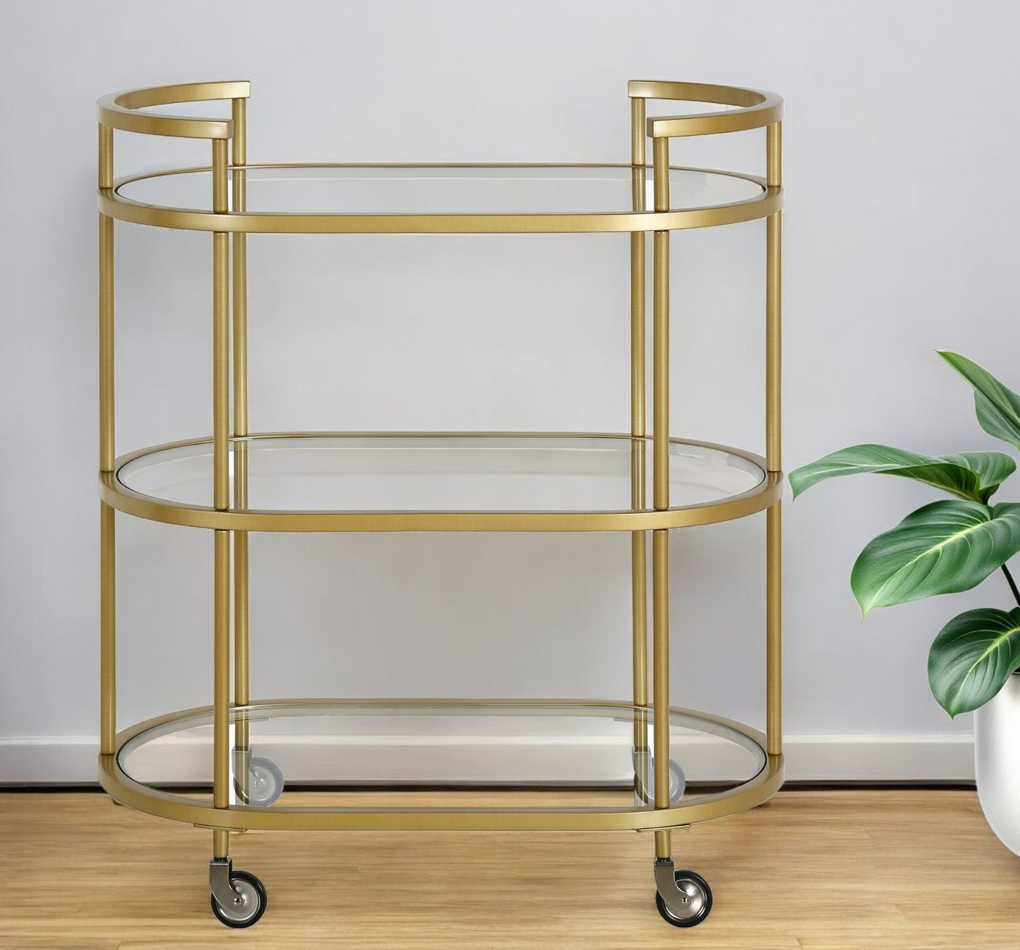 Brass Steel And Glass Oval Rolling Bar Cart