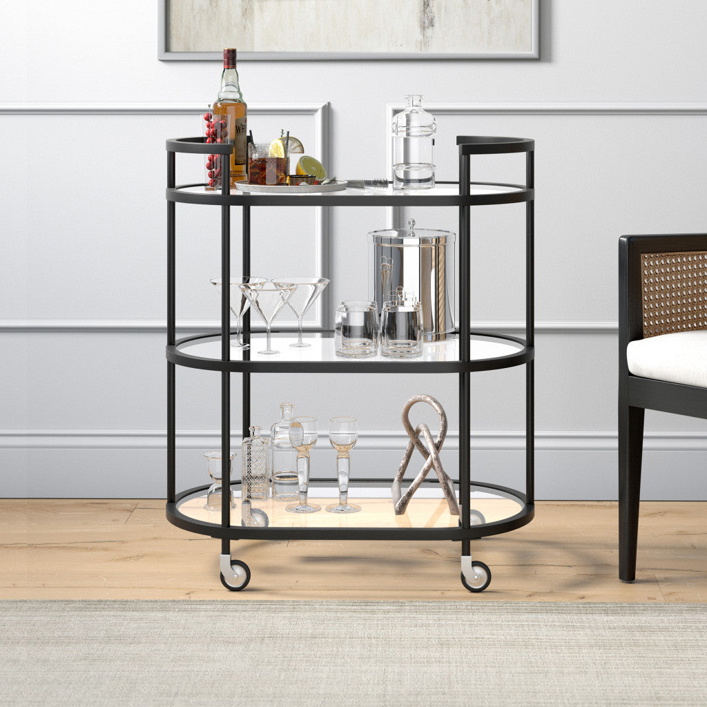 Black Steel And Glass Oval Rolling Bar Cart