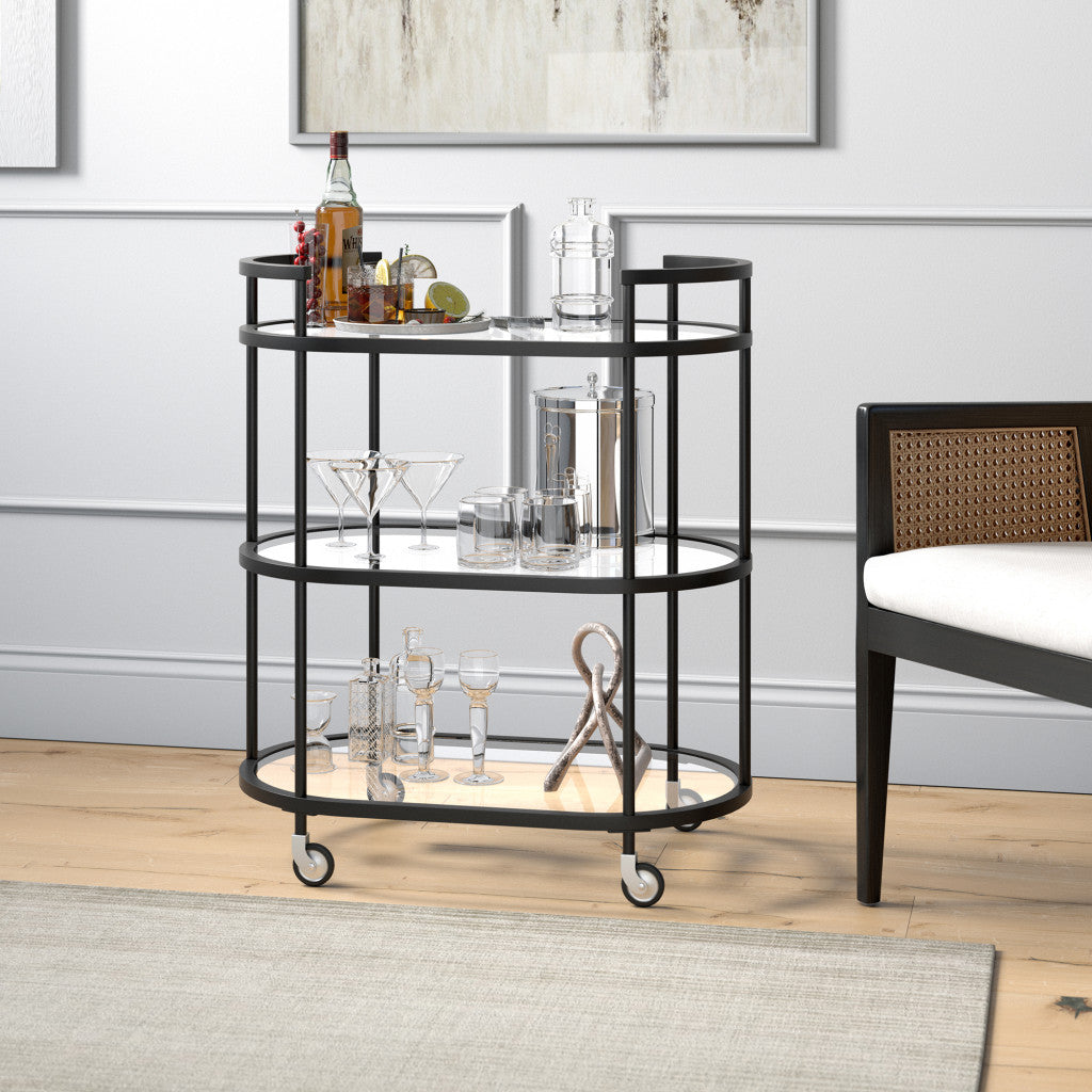 Black Steel And Glass Oval Rolling Bar Cart