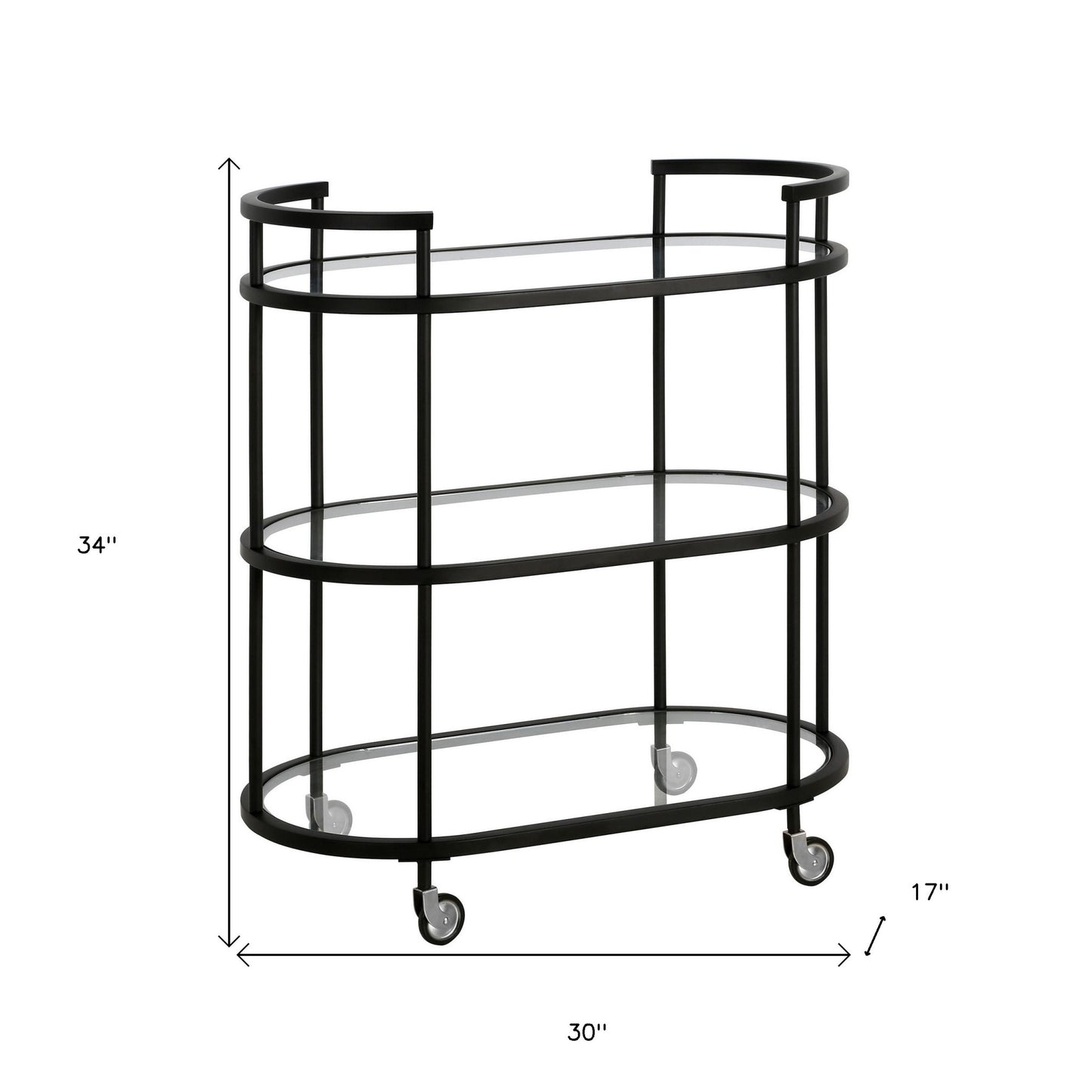 Black Steel And Glass Oval Rolling Bar Cart