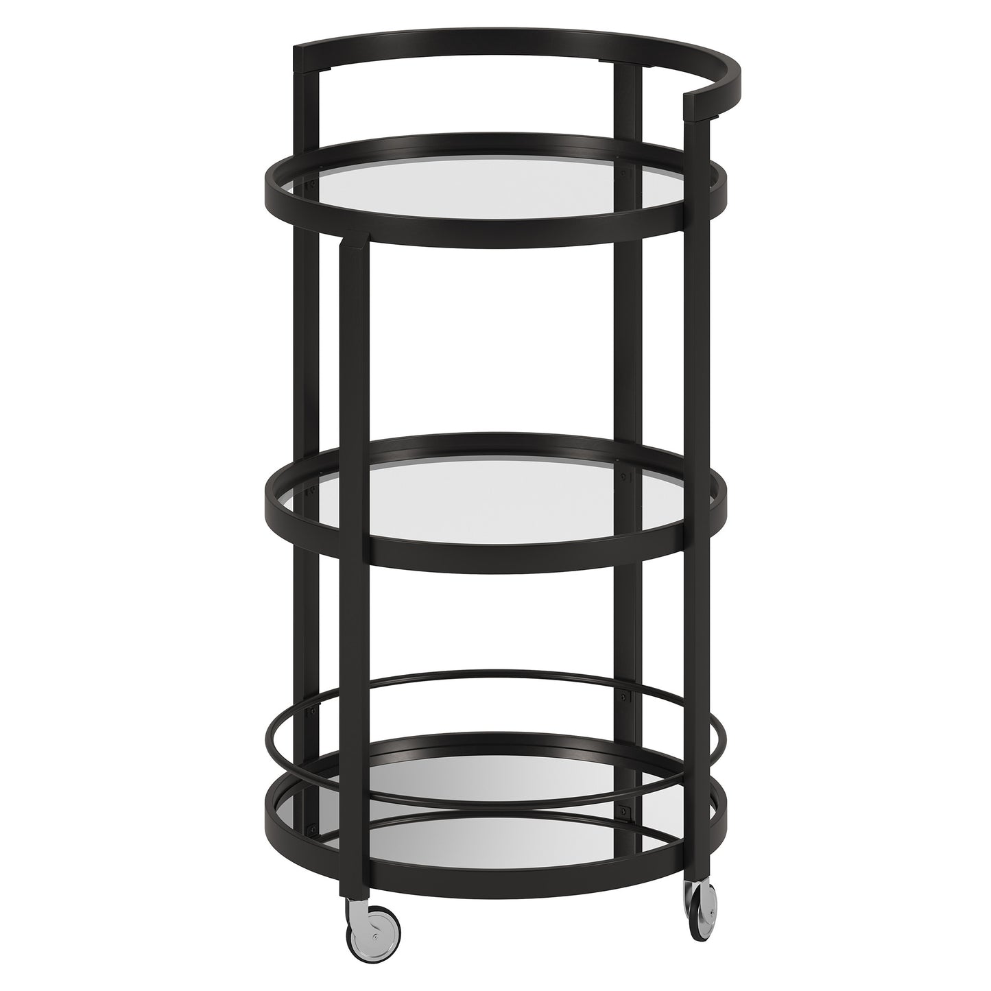 Black Steel And Glass Round Rolling Bar Cart