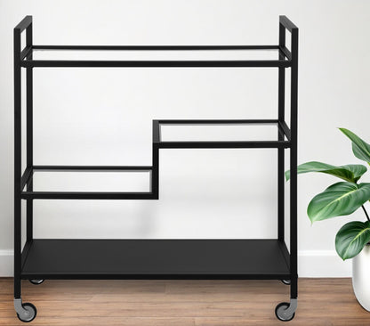 Black Steel And Glass Rolling Bar Cart