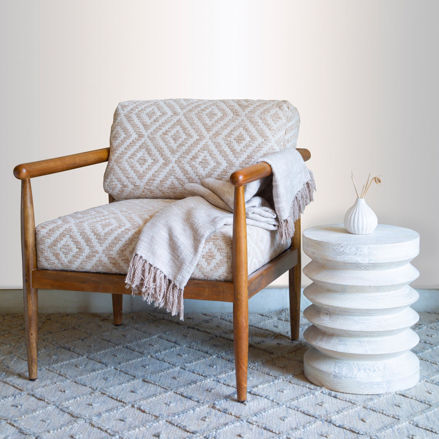 28" Beige And Brown Fabric Geometric Arm Chair