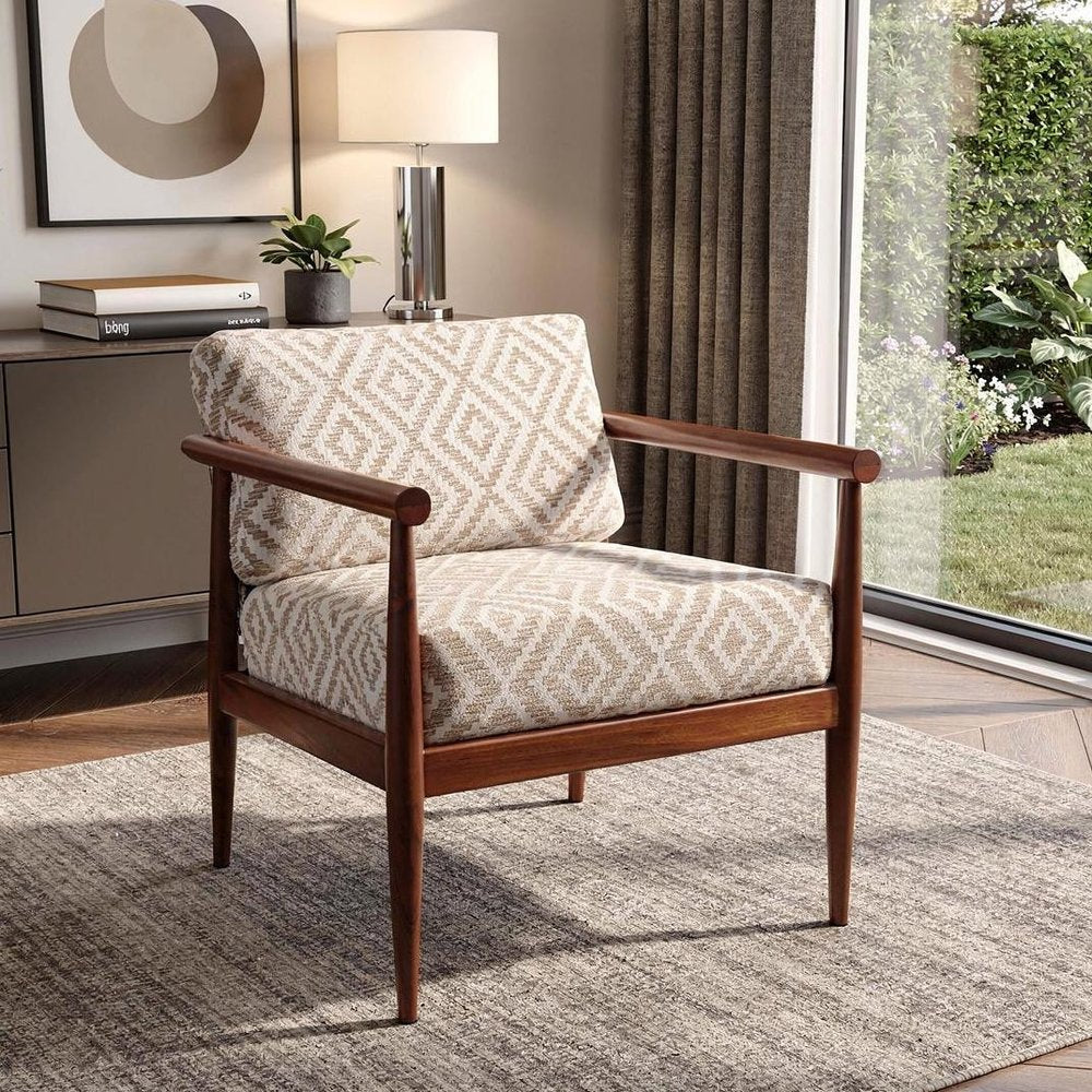 28" Beige and Brown Solid Wood Geometric Arm Chair HomeRoots