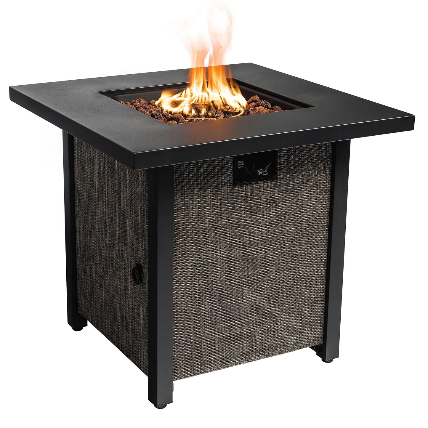 40000BTU Square Propane Fire Pit Table Steel Tabletop with Textilene Side Panel Steel Lid and Rocks - FurniFindUSA