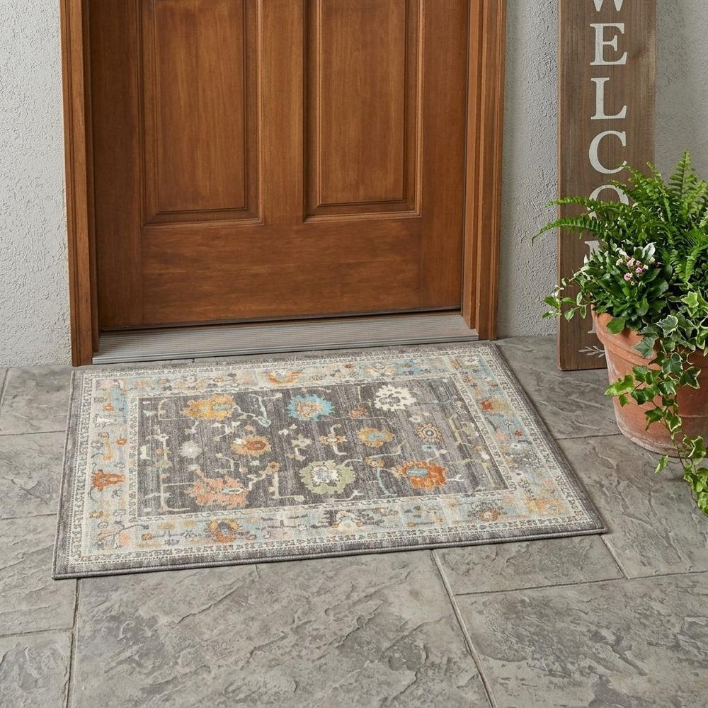 2' X 3' Gray and Orange Floral Stain Resistant Indoor Outdoor Area Rug — view 10