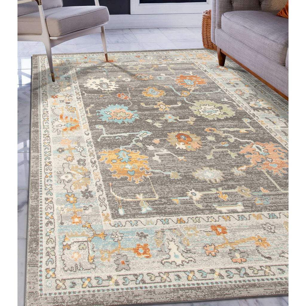 5' x 7' Blue and Orange Floral Stain Resistant Indoor Outdoor Area Rug