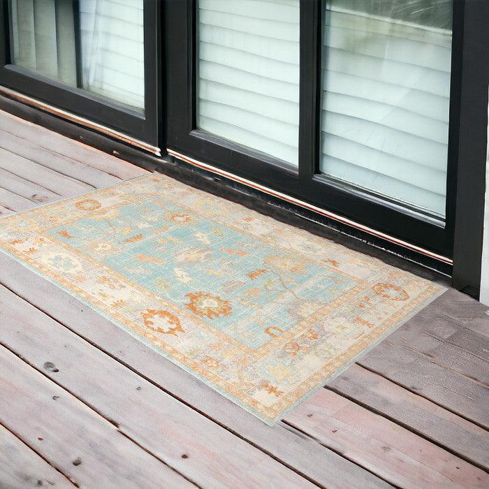 2' x 3' Blue and Orange Floral Stain Resistant Indoor Outdoor Area Rug - FurniFindUSA