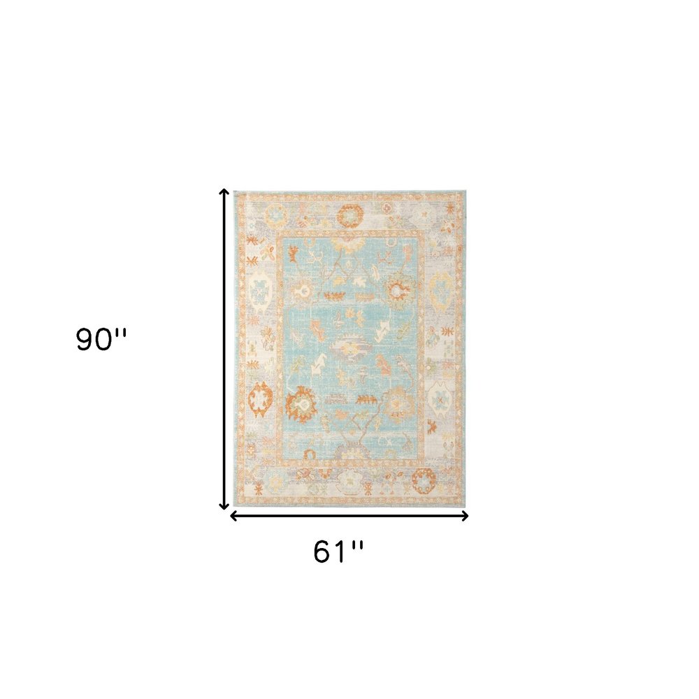 5' X 7' Blue and Orange Floral Stain Resistant Indoor Outdoor Area Rug — view 6