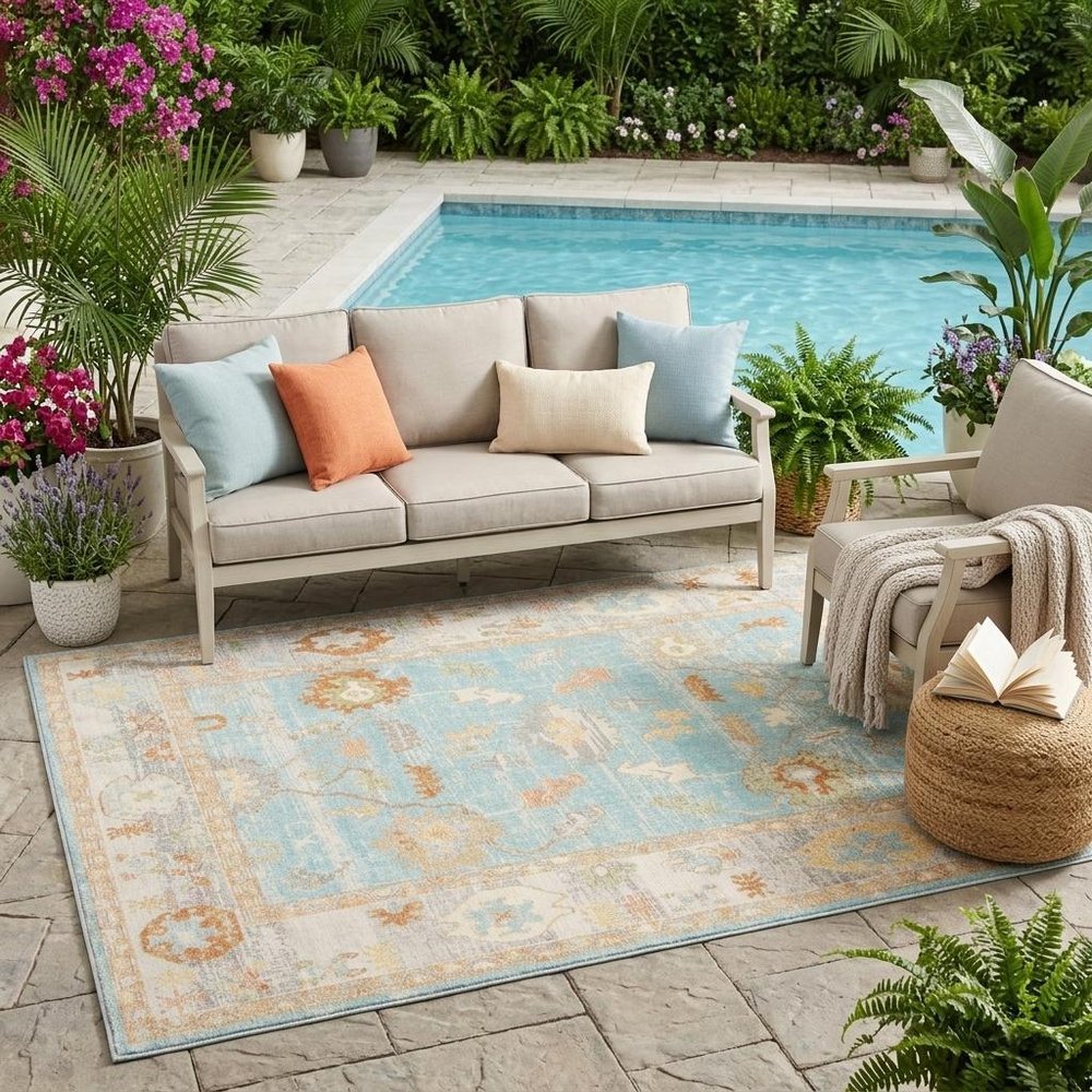 5' X 7' Blue and Orange Floral Stain Resistant Indoor Outdoor Area Rug HomeRoots