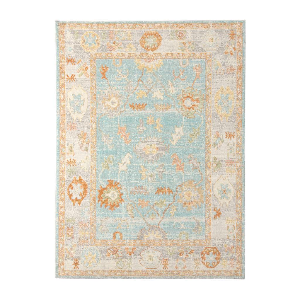 5' x 7' Blue and Orange Floral Stain Resistant Indoor Outdoor Area Rug - FurniFindUSA