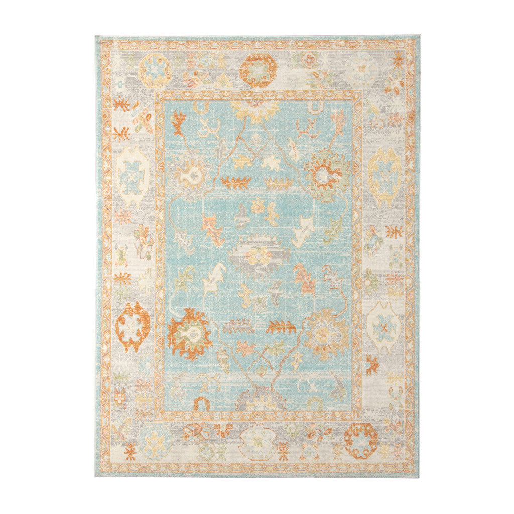 5' x 7' Blue and Orange Floral Stain Resistant Indoor Outdoor Area Rug - FurniFindUSA