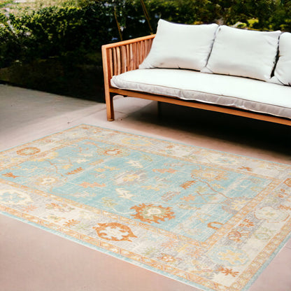 5' x 7' Blue and Orange Floral Stain Resistant Indoor Outdoor Area Rug - FurniFindUSA