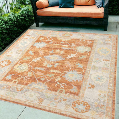 5' x 7' Blue and Orange Floral Stain Resistant Indoor Outdoor Area Rug - FurniFindUSA