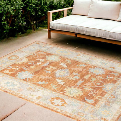 5' x 7' Blue and Orange Floral Stain Resistant Indoor Outdoor Area Rug - FurniFindUSA