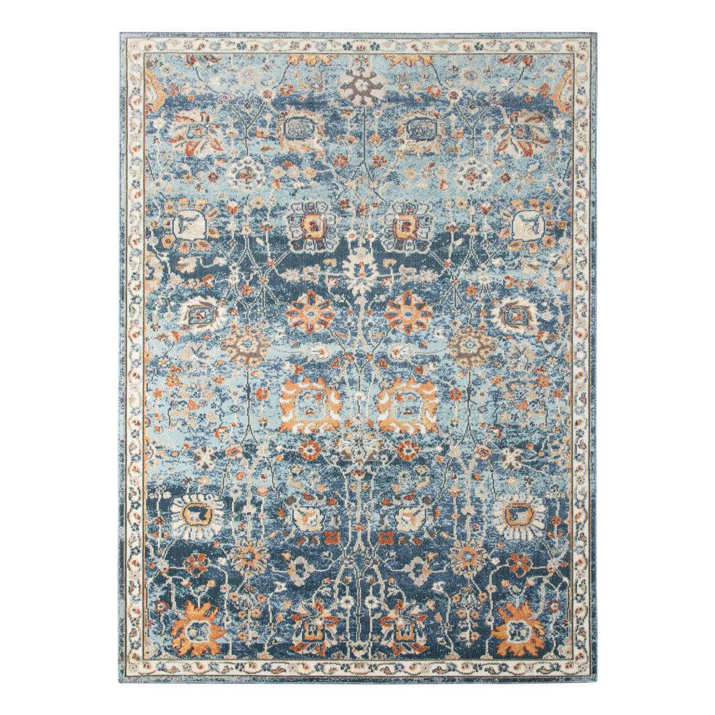 5' x 7' Blue and Orange Floral Stain Resistant Indoor Outdoor Area Rug - FurniFindUSA