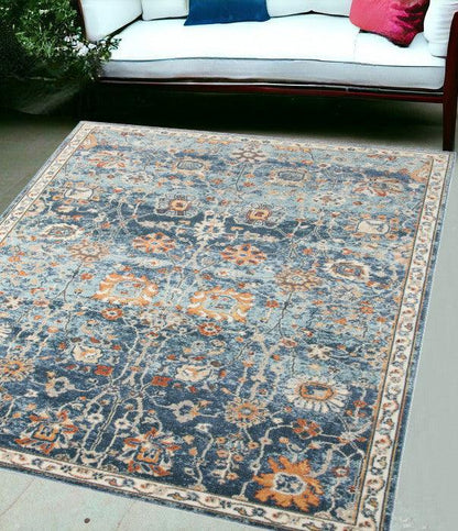 5' x 7' Blue and Orange Floral Stain Resistant Indoor Outdoor Area Rug - FurniFindUSA