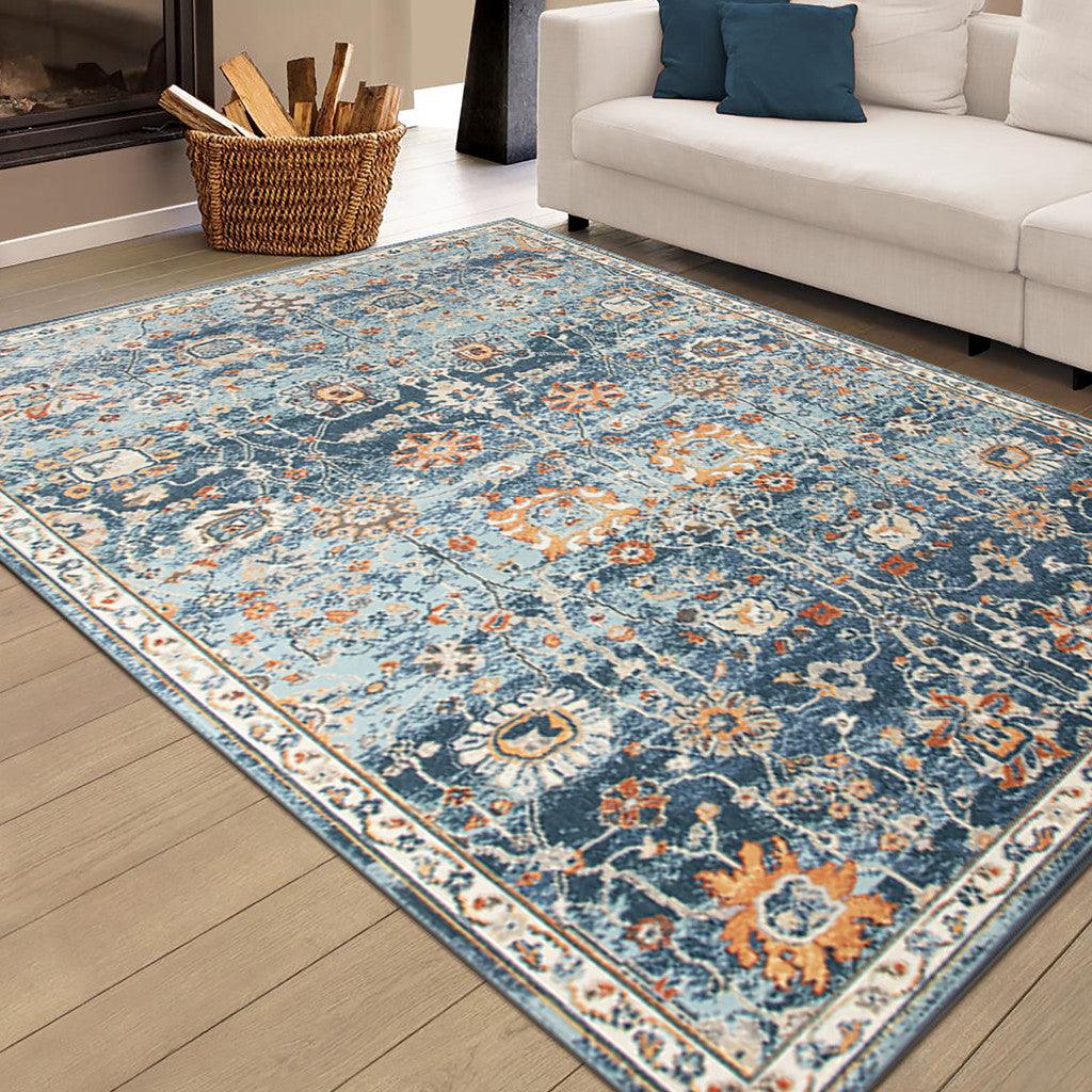 5' x 7' Blue and Orange Floral Stain Resistant Indoor Outdoor Area Rug - FurniFindUSA