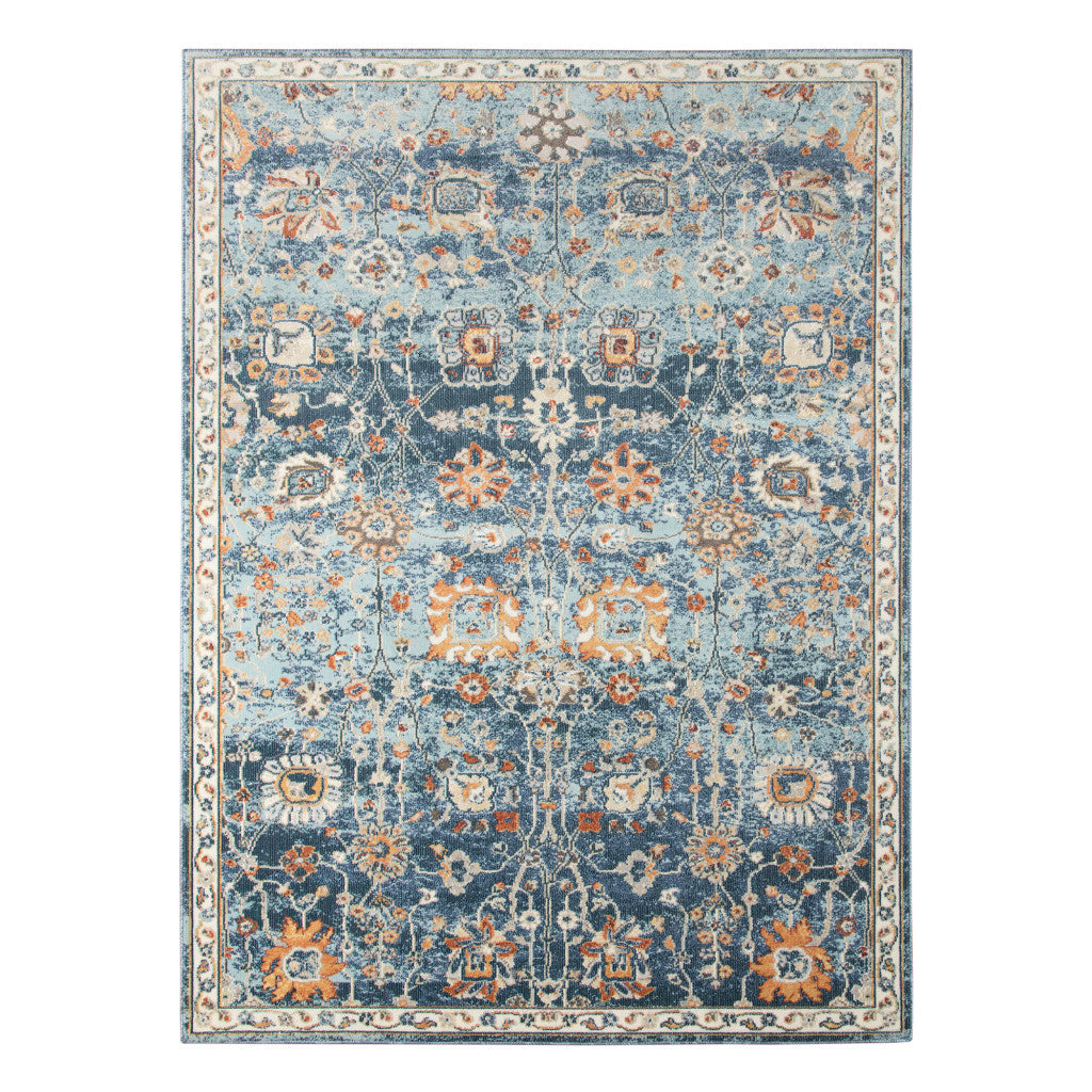 8' x 10' Blue and Orange Floral Stain Resistant Indoor Outdoor Area Rug