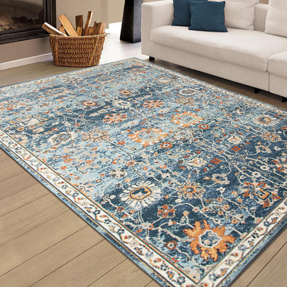 8' x 10' Blue and Orange Floral Stain Resistant Indoor Outdoor Area Rug