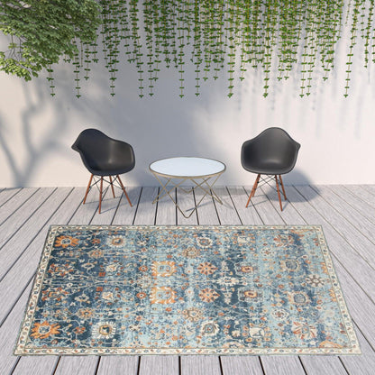 5' x 7' Blue and Orange Floral Stain Resistant Indoor Outdoor Area Rug - FurniFindUSA