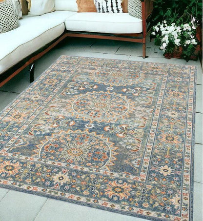 5' x 7' Blue and Orange Floral Medallion Stain Resistant Indoor Outdoor Area Rug - FurniFindUSA