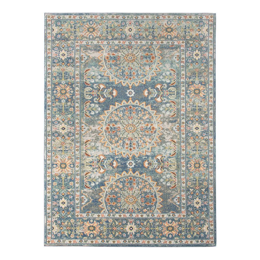 5' x 7' Blue and Orange Floral Medallion Stain Resistant Indoor Outdoor Area Rug - FurniFindUSA