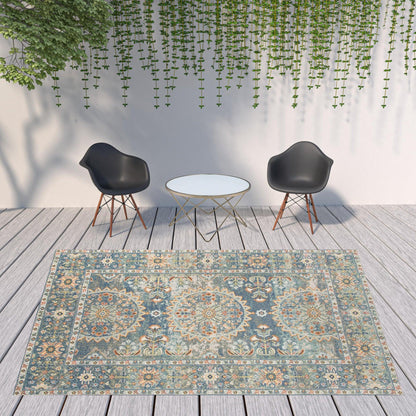 5' x 7' Blue and Orange Floral Medallion Stain Resistant Indoor Outdoor Area Rug - FurniFindUSA