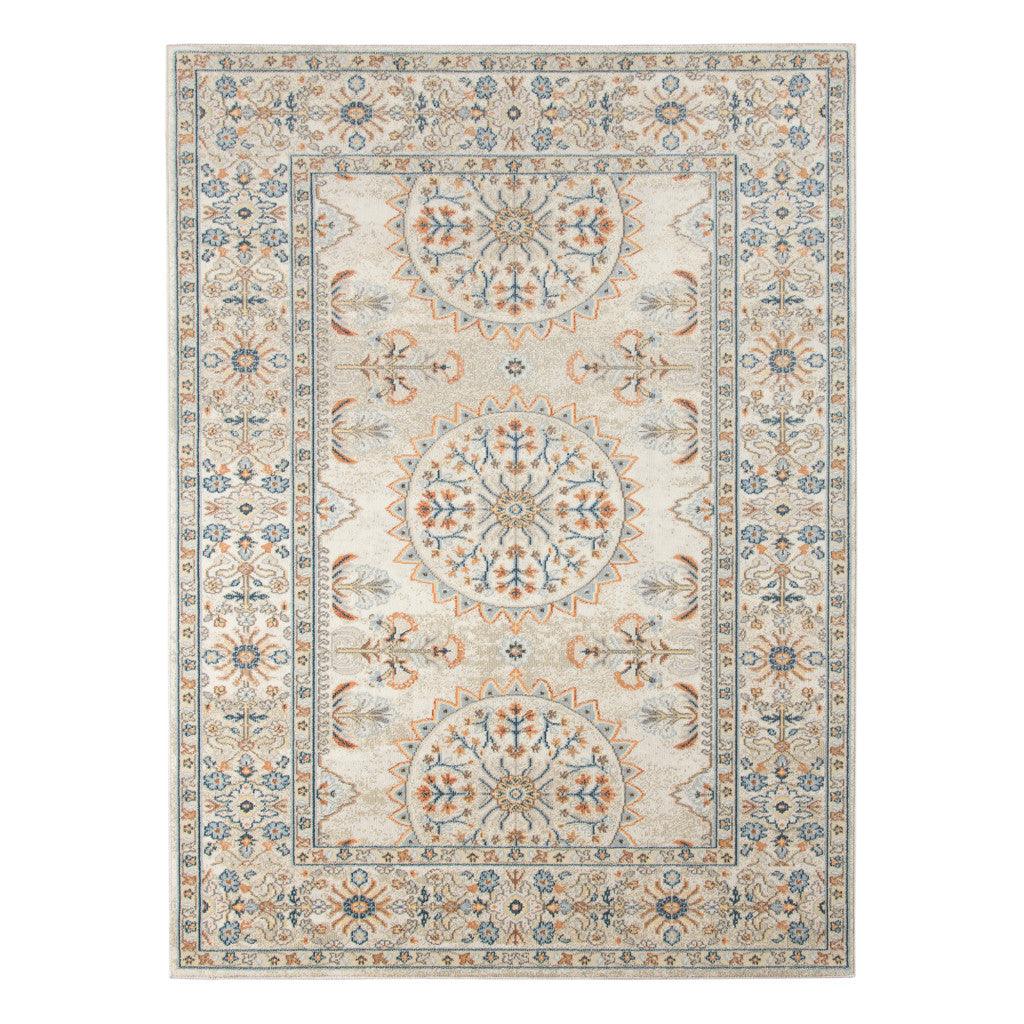 5' x 7' Blue and Orange Floral Medallion Stain Resistant Indoor Outdoor Area Rug - FurniFindUSA