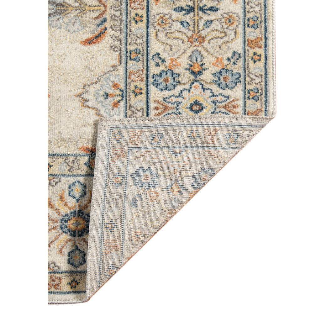 9' x 12' Blue and Orange Floral Medallion Stain Resistant Indoor Outdoor Area Rug