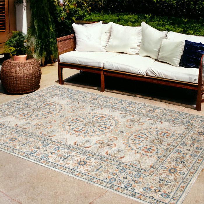 5' x 7' Blue and Orange Floral Medallion Stain Resistant Indoor Outdoor Area Rug - FurniFindUSA