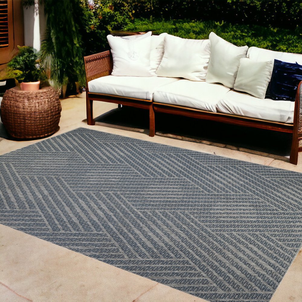 8' X 10' Gray and Blue Geometric Stain Resistant Indoor Outdoor Area Rug — view 1