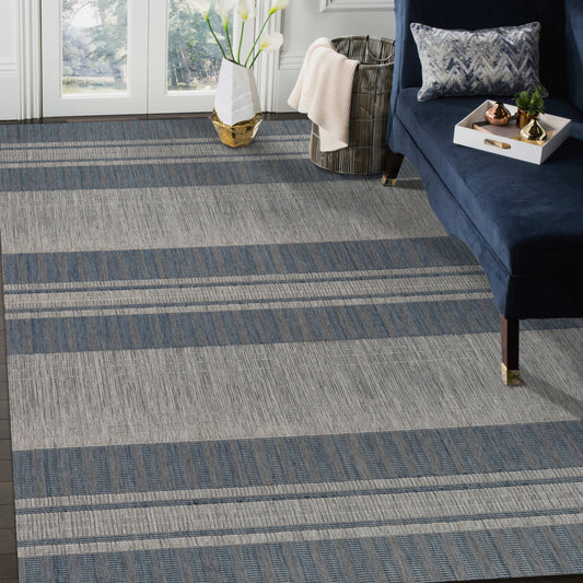 4' X 6' Blue and Gray Striped Stain Resistant Indoor Outdoor Area Rug