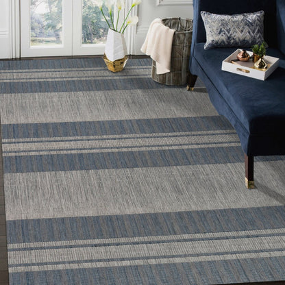 8' X 10' Blue and Gray Striped Stain Resistant Indoor Outdoor Area Rug HomeRoots