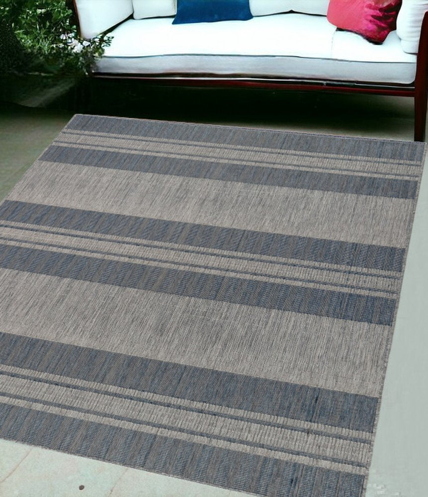 8' X 10' Blue and Gray Striped Stain Resistant Indoor Outdoor Area Rug HomeRoots